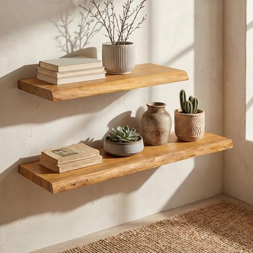 32" Live Edge Floating Shelves, Solid Elm Wood Shelf, Set of 2 - color: Artisan Natural, size: 32 Inch | 2 Pack