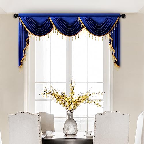 ELKCA Luxury Royal Blue Velvet Curtain Valances for Living Room with Beads(98inch,1 Panel) - color: Royal Blue, size: 98"W x 43"L (Pack of 1)
