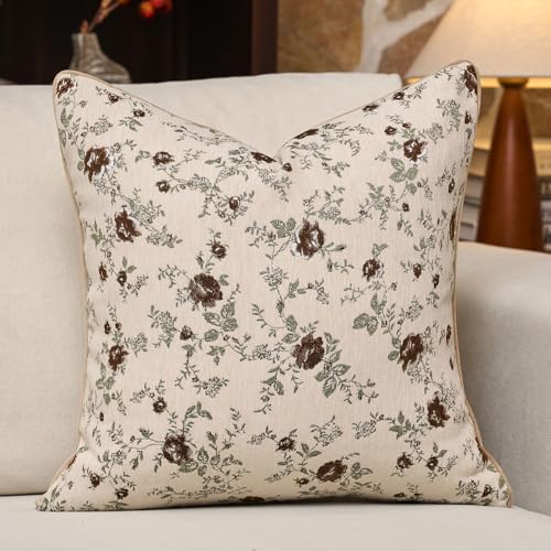 Spring Flower Throw Pillow Cover 24x24 Inches Beige Vintage Floral Pillow Cover Farmhouse Summer Cushion Cover Leaf Retro Chenille Pillowcase Home Decor for Sofa Living Room Couch - color: Beige, size: 24" x 24" (Pack of 1)