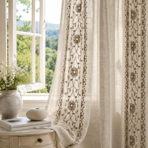 Deconovo Floral Linen Sheer Curtains 96 Inch Long for Living Room 2 Panels - color: Beige/Vine Blossom/Back Tab, size: 50"W x 96"L (Pack of 2)