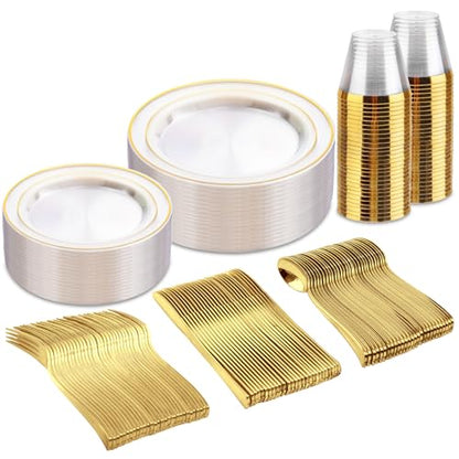 bUCLA 150Pcs Clear Gold Plastic Dinnerware Set - Clear and Gold Disposable Plates Include 25 Dinner / 25 Dessert Plates,25 Knives,25 Forks,25 Spoons,25 Cups for Party - color: Clear Gold