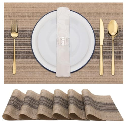 Winknowl Placemats, Set of 6 Heat Resistant Stain Resistant Woven Vinyl Insulation Place mats, Durable Washable Elegant Table Mats for Dining (Brown) - color: Black and Brown, size: Set of 6