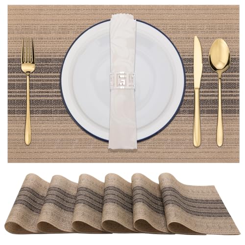 Winknowl Placemats, Set of 6 Heat Resistant Stain Resistant Woven Vinyl Insulation Place mats, Durable Washable Elegant Table Mats for Dining (Brown) - color: Black and Brown, size: Set of 6