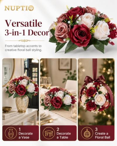 NUPTIO Artificial Flower Centrepieces for Tables: Fake Rose Balls, 10 Pcs - color: Burgundy & Dusty Rose & Creamy White, size: 10 Pcs