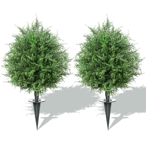 20" Artificial Cedar shrubs for Front Porch，Faux Cedar Ball Trees for Outdoors with Ground Spike，UV Resistant Faux Cypress Tree Plants for Indoor Outdoor Decor - size: 1ft 8in