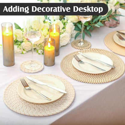 8 Pcs Boho Round Woven Placemats Set of 4/6/8,Trivets for Dishes, Heat Resistant Hot Pads,11.8" Woven Cotton Rope Round Placemats with Basket, 4.3" Drink Coasters with Holder (Mix Brown)