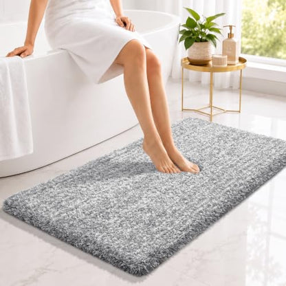 Yimobra Long Bathroom Rug 44x24, Plush Non Slip Bath Mat, Light Gray&White - color: Light Gray and White, size: 44" X 24"