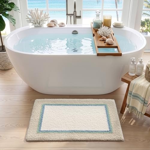 DEXI Bathroom Rugs 24x16, Soft Absorbent Bath Mat, Beige and White - color: Beige and White, size: 24" X 16" (Rectangular)