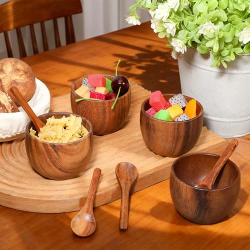4 Pack Acacia Wooden Bowl with 4 Pcs Spoon Wooden Dipping Bowls Round Wood Salad Hand Carved Calabash Dip Tray for Condiments, Jam, Nuts, Appetizer, Snack, Yogurt, Ketchup, Barbecue Sauce(3 Inch) - size: 3 Inch