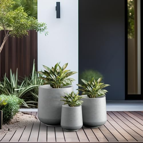 Kante Set of 3 Pale Gray Concrete Curved Round Planters for Modern Home - color: Gray Concrete, size: Set of 3: 15.3" + 11.6" + 8.2" D