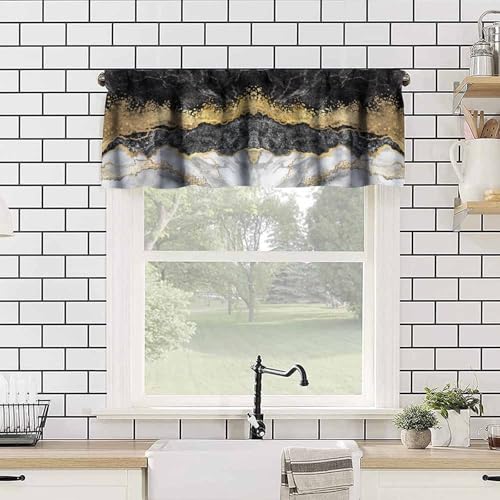 Black Gold Marble Valance Curtain, Abstract Luxury Black Grey White Crack Ink Marble Texture Print Blackout Short Window Treatment for Home Kitchen Bedroom Cafe, 54x18inch - color: Marble-2