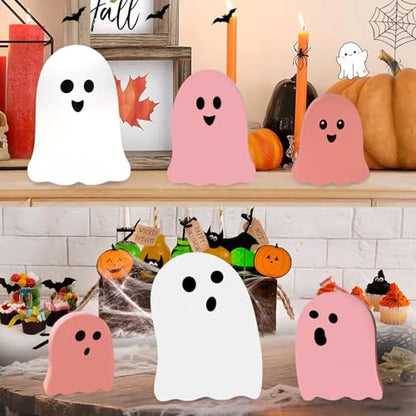 Halloween Wooden Decorations - Cute Ghost Decor Indoor Table Home Office - style: Pink Ghost