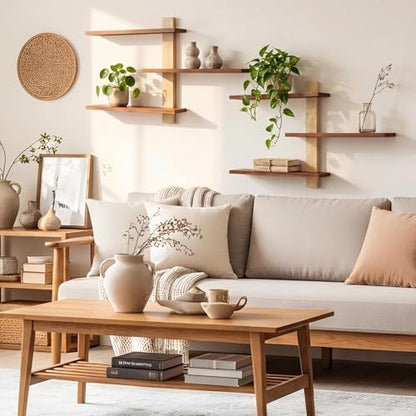 Pinkunn 2 Pack Floating Wall Shelf Mid Century Decor, Natural Wood, 3 Tier - color: Natural Wood