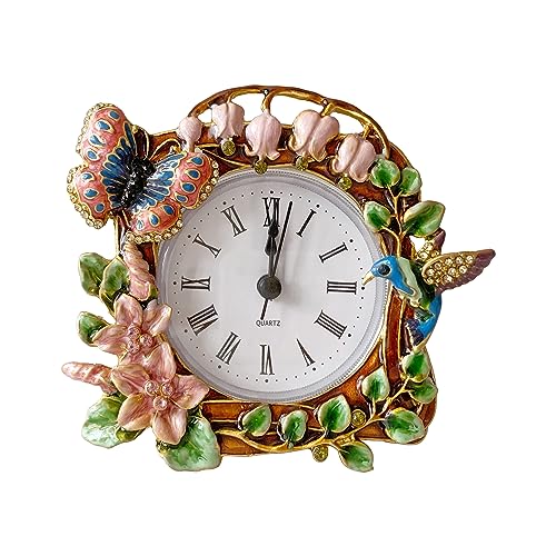 Decorative Mini Table Clock, Vintage Metal Silent Analog Quartz Battery Operated Table Top Clock for Living Room Decor Shelf - color: Hummingbird