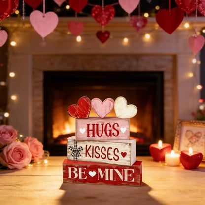 Valentines Day Decorations - Valentine Tiered Tray Decor Set - Wooden Table Decoration with Heart Signs - Rustic Farmhouse Valentine’s Day Home Decor Indoor for Shelf Mantel Coffee Table Gift - style: HUGS / KISSES