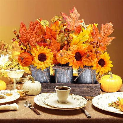Winlyn Set of 3 Small Potted Maple Arrangement Artificial Maple Leaf Branches Faux Fall Picks and Sprays in Rustic Galvanized Metal Pots with Decorative Wood Tray