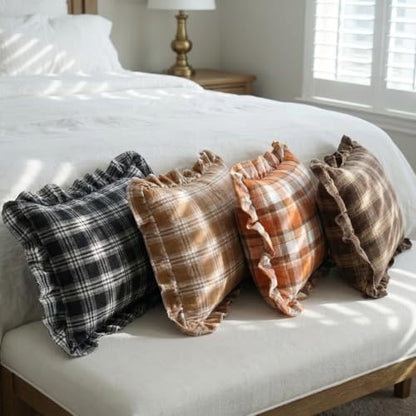 Brown Ruffle Tartan Plaid Gingham Fall Farmhouse Throw Pillow Covers 20x20 - color: Brown Ruffled Plaid Throw Pillow Covers, size: 20" x 20" (Pack of 2)