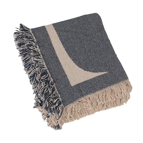 Bloomingville Woven Cotton Blend Jacquard Throw Blanket, Natural and Blue