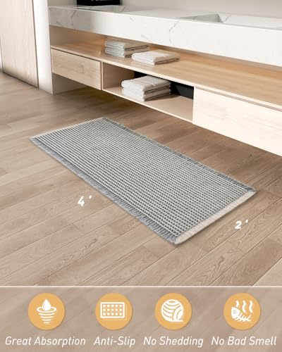 Upgraded Waffle Bath Mat Runner Absorbent Non Slip Bathroom Mat, 2' x 4' - color: Light Grey & Cream, size: 2' x 4'