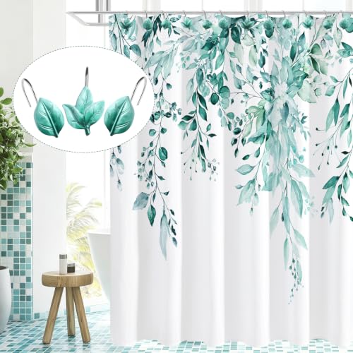 Teal Plant Leaf Shower Curtain Hooks,Eucalyptus Bathroom Decor,12PCS - color: Teal