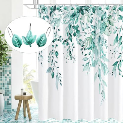 Teal Plant Leaf Shower Curtain Hooks,Eucalyptus Bathroom Decor,12PCS - color: Teal