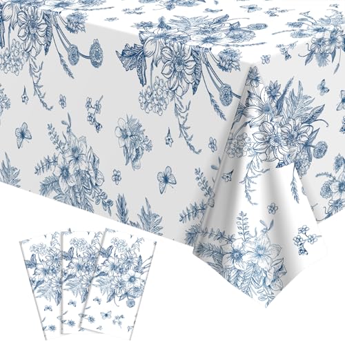 NatNarr 3 Pack Blue Floral Plastic Tablecloths, Tea Party Tablecloth - color: Blue Floral