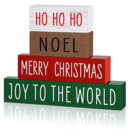Blulu 4 Pieces Christmas Wooden Block Sign Red White Green Brown Table Centerpieces Farmhouse Tabletop Christmas Ornaments for Home Shelf Mantel Fireplace Table Windowsill Decor