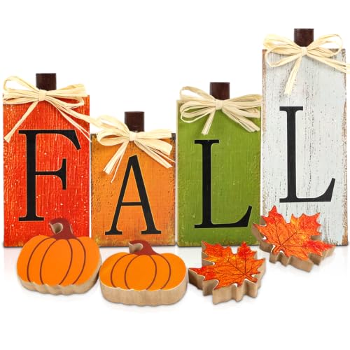 WOHOHOHO 8Pcs Wooden Fall Decorations for Home, "FALL" Wood Table Decor, Pumpkin & Maple Leaf Signs. Rustic Wooden Autumn Thanksgiving Decorations for Home Office Room Bedroom Mantel Tiered Tray