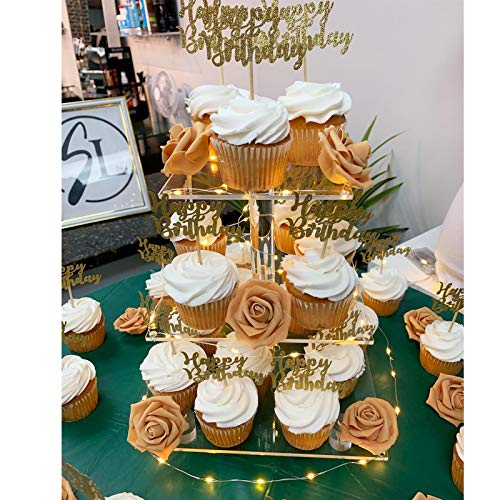 YestBuy 3 Tier Cupcake Stand with Yellow LED String Light for 24 Cupcakes - color: Yellow, size: 3 Tier Square
