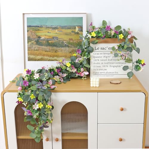 Flower Garland Artificial Daisy Garlands Floral Vines 3D Butterfly - color: Butterfly Eucalyptus, size: 2PCS