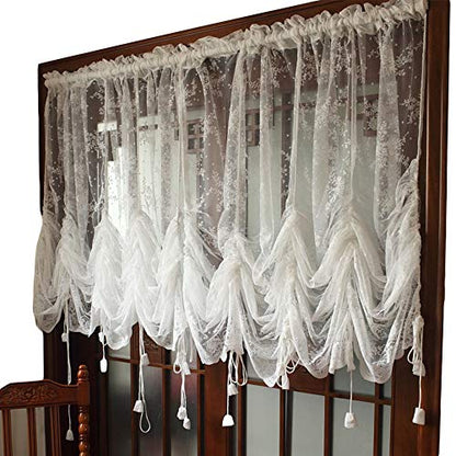 FADFAY Elegant White Lace Embroidered Sheer Balloon Curtains, Adjustable Tie-Up Curtain, 1 Panel Floral Tulle Curtains for Windows-78''*90'' - size: 78"W x 90"L (Pack of 1)