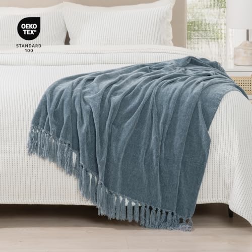 RECYCO Throw Blanket Soft Cozy Chenille Throw Blanket with Fringe Tassel for Couch Sofa Chair Bed Living Room Gift (Dusty Blue, 60'' x 80'') - color: Dusty Blue, size: 60'' X 80''