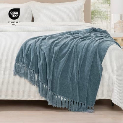 RECYCO Throw Blanket Soft Cozy Chenille Throw Blanket with Fringe Tassel for Couch Sofa Chair Bed Living Room Gift (Dusty Blue, 60'' x 80'') - color: Dusty Blue, size: 60'' X 80''