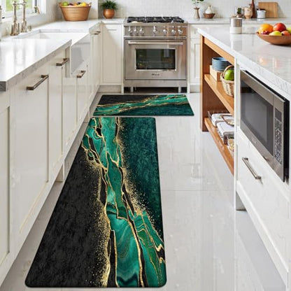 Kitchen Mats Set of 2, Cushioned Anti Fatigue Non Slip Waterproof Runner, Green and Gold Marble Design, PVC Memory Foam for Kitchen Sink and Laundry - color: Green Marble 1