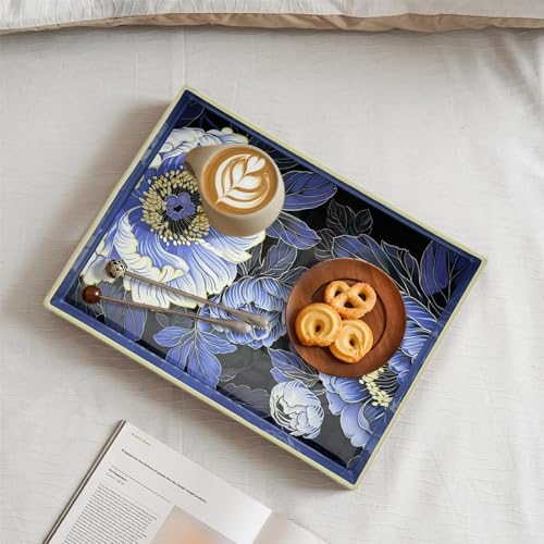 Serving Tray with Handles, 15.7 * 11.8 inches, Plastic Ottoman Tray with Exquisite Paintings, Trays for Coffee Table - color: Blue Peony