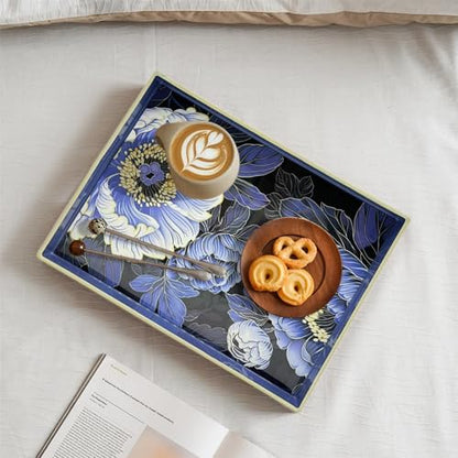 Serving Tray with Handles, 15.7 * 11.8 inches, Plastic Ottoman Tray with Exquisite Paintings, Trays for Coffee Table - color: Blue Peony