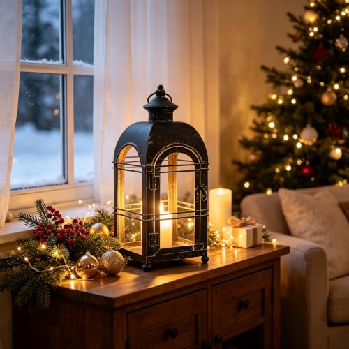 Vintage Farmhouse Metal Candle Lantern - 14 Inches Rustic Distressed Black Lanterns Indoor & Outdoor Decor Hanging Candle Holder Lantern for Garden Front Porch Patio Wedding Christmas (No Glass) - color: Black - No Glass