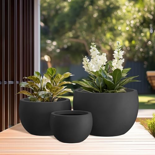Kante Set of 3 Black Concrete Bowl Planters 20" 15.7" 11.8" Dia - color: Black, size: 19.9"D + 15.7"D + 11.8"D