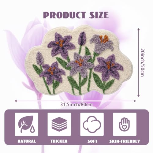 Cloud-Shaped Lily Bath Mat, Soft Non-Slip Fluffy Fresh Flowers Bathroom Rug, Ultra Absorbent Microfiber Shaggy Door Mat, Machine Washable Bath Rug Carpet for Bathtub Bedroom 20x31 Inch (Purple Lily) - color: Purple Lily