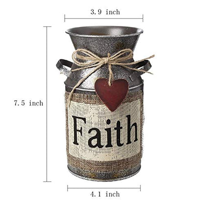 7.5" High Rustic Decorative Vase with Greetings and Rope Design, Metal Milk Can Country Jug for Living Room, Bedroom, Kitchen(Faith)