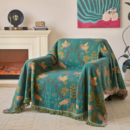 Boho Throw Blanket, 100% Soft Cotton Floral Quilt, Queen 80"x90" - color: Spring Blue, size: Queen 80"x90"