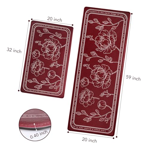 Kitchen Floor Mat Set of 2, Anti Fatigue Kitchen Mat 20"x32"+20"x59" - color: Red, size: 20"x32"+20"x59"