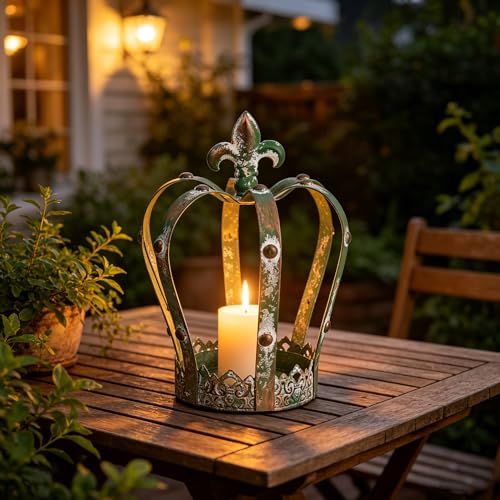 Vintage Distressed Green Metal Crown Lantern, Rustic Tabletop Candle Holder, Farmhouse Decor for Indoor Covered Outdoor Shelf & Mantel Display - color: Green Crown