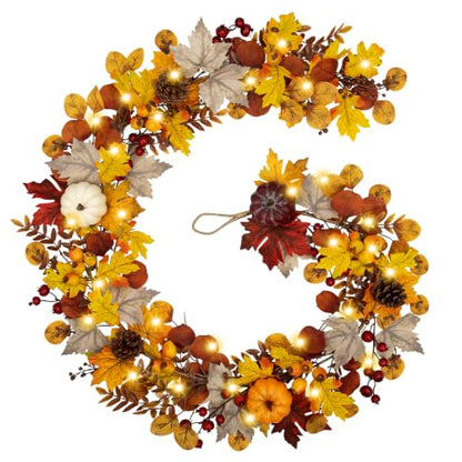 6FT Fall Garland with Lights Pumpkins Pinecones for Mantle, Table, Porch - color: Brown & Gold & Gray