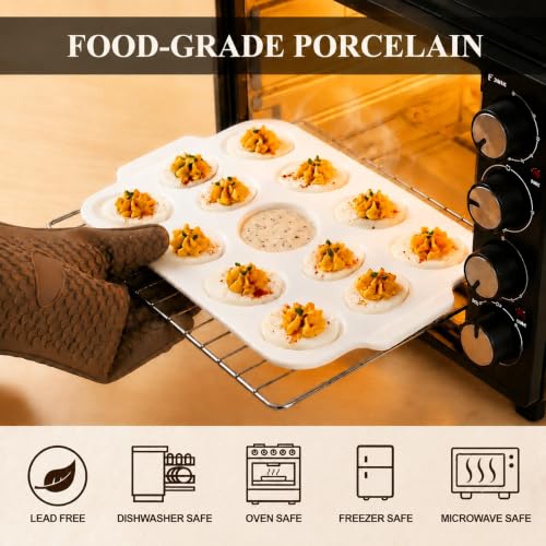 Ceramic Deviled Egg Tray 12 Slots + Sauce Center, 12 Inch for Easter Party