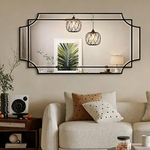 47"x24" Large Geometric Rectangle Beveled Mirror with Wood Frame - color: Black, size: 47"L x 24"W