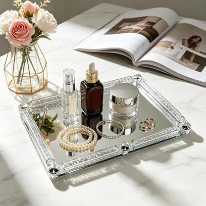 Crystal Glass Tray, 11.8" x 7.9" Silver Mirror Vanity Tray - color: Silver