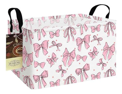Rectangle Foldable Storage Basket Handles For Home, Pink Bow - color: REC-Pink Bow