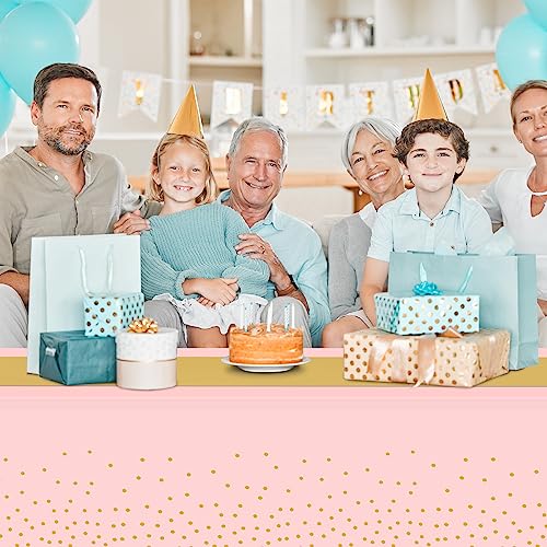 8Pack Disposable Plastic Tablecloths and Satin Table Runner Set Pink and Gold Dot Tablecloth Gold Satin Table Runner for Wedding Birthday Baby Shower Anniversary Christmas New Year Party Supplies - color: Pink and Gold, size: 8 Pack