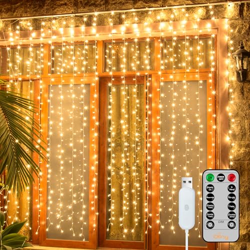 Ollny 2 Pack Curtain Lights, 400LED 6.6x6.6ft Fairy Lights with Remote - color: Warm White, size: 400 LED